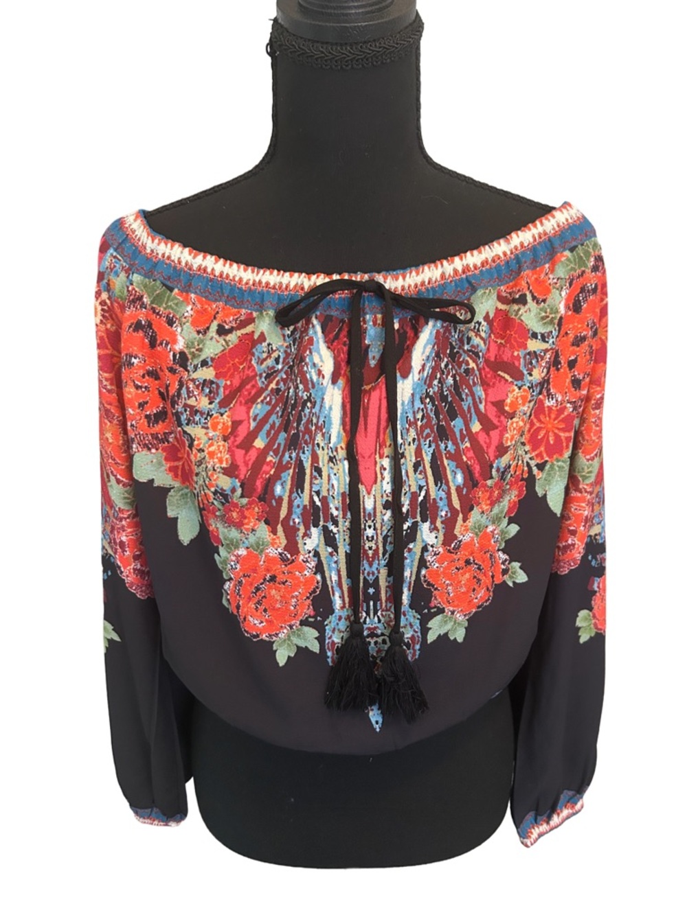 🍅 Flying Tomato Black Off-Shoulder Boho Floral Tie-Front Blouse Size L